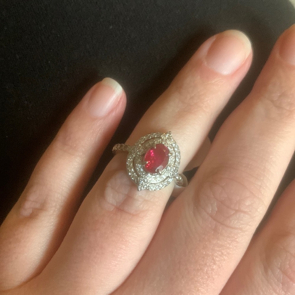 “Endless Devotion” Ruby, rhodium plating, size 7.
